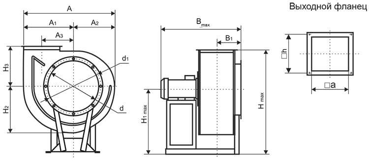 Габаритные и присоединительные размеры (мм) радиальных вентиляторов серии ВЦ 14-46